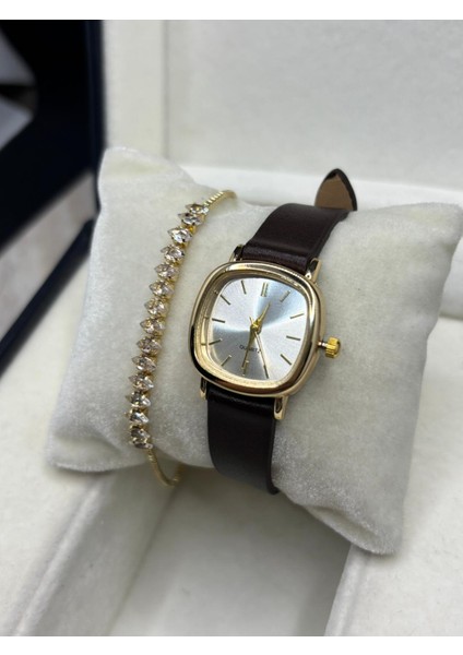 Retro Still Marka Model Vintage Oval Suyolu Bileklik Gold Kasa - Koyu Kahve Kordon Kadın Kol Saati 0021