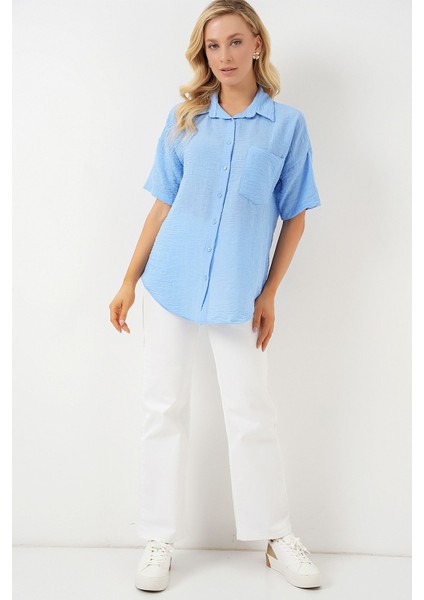 Kadın BDART Cepli, Salaş Fit Keten Karışım Butonlu Gömlek Blue fiyatları