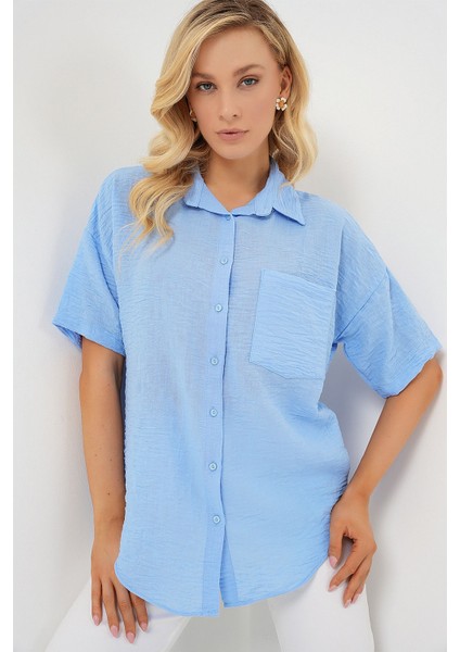 Kadın BDART Cepli, Salaş Fit Keten Karışım Butonlu Gömlek Blue fırsatları