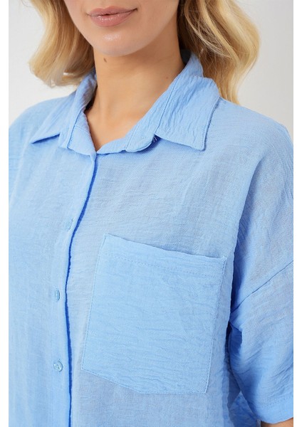 Kadın BDART Cepli, Salaş Fit Keten Karışım Butonlu Gömlek Blue indirimleri