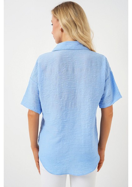 Kadın BDART Cepli, Salaş Fit Keten Karışım Butonlu Gömlek Blue