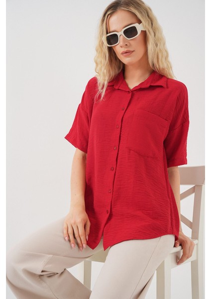 Kadın BDART Cepli, Salaş Fit Keten Karışım Butonlu Gömlek Kırmızı fırsatları