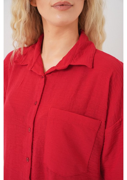 Kadın BDART Cepli, Salaş Fit Keten Karışım Butonlu Gömlek Kırmızı indirimleri