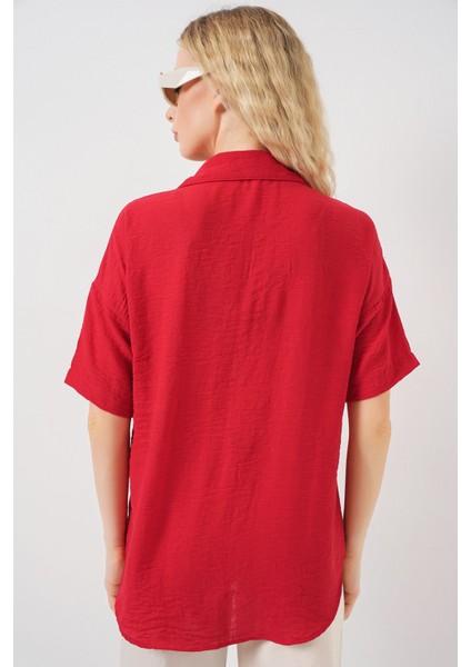 Kadın BDART Cepli, Salaş Fit Keten Karışım Butonlu Gömlek Kırmızı
