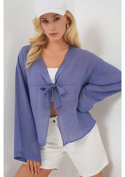 Kadın BDART Fiyonk Bağlamalı Sırsız V-Yaka Bluz Blue
