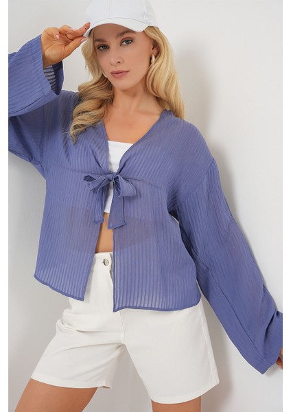 Kadın BDART Fiyonk Bağlamalı Sırsız V-Yaka Bluz Blue fırsatları