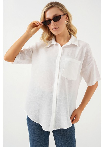 Kadın BDART Cepli, Salaş Fit Keten Karışım Butonlu Gömlek Beyaz modelleri