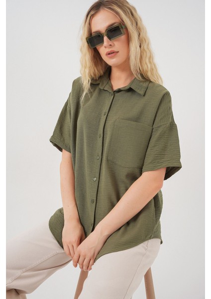 Kadın BDART Cepli, Salaş Fit Keten Karışım Butonlu Gömlek Haki Yeşil modelleri
