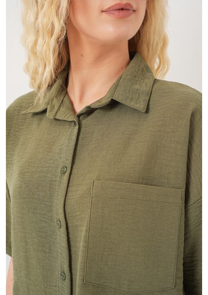 Kadın BDART Cepli, Salaş Fit Keten Karışım Butonlu Gömlek Haki Yeşil indirimleri