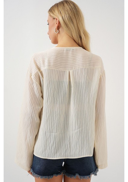 Kadın BDART Fiyonk Bağlamalı Sırsız V-Yaka Bluz Krem Doğal