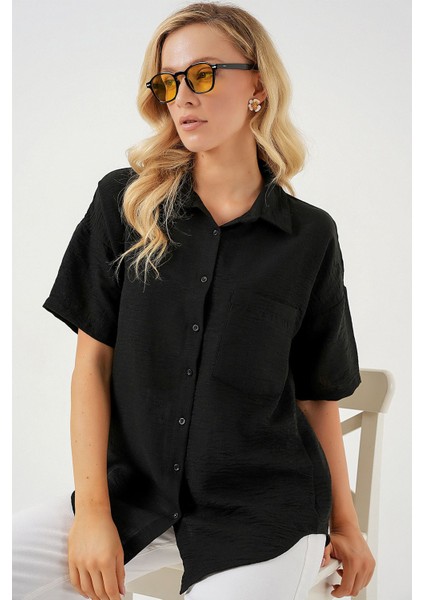 Kadın BDART Cepli, Salaş Fit Keten Karışım Butonlu Gömlek Siyah fırsatları
