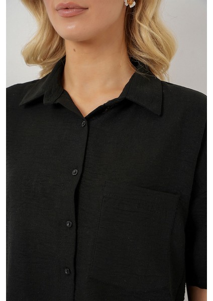 Kadın BDART Cepli, Salaş Fit Keten Karışım Butonlu Gömlek Siyah indirimleri