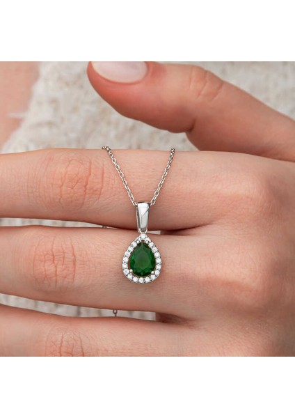 Gümüş Damla Zümrüt Taşlı Kadın Kolye indirimleri