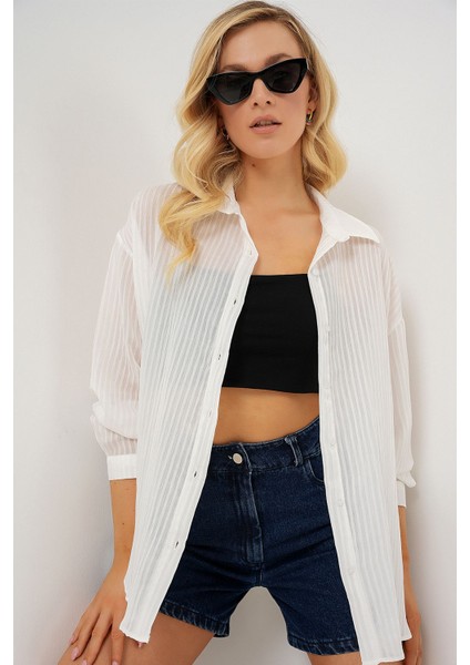 Kadın BDART Düğmeli, Gömlek Yaka, Uzun Kollu Dokulu Gömlek White