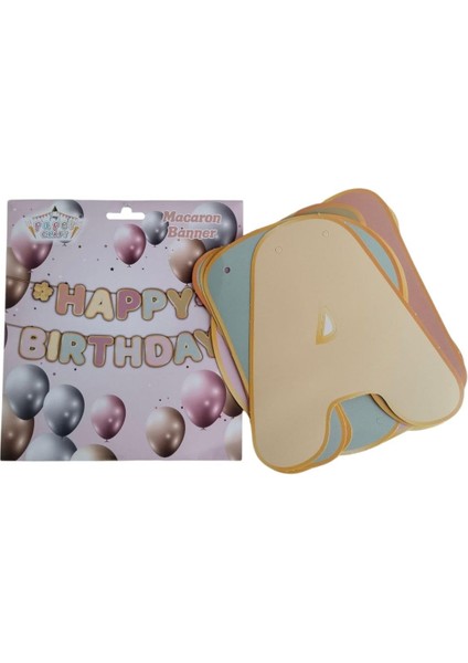 Dekoratif Asmalı Banner Happy Birthday makaron ren modelleri