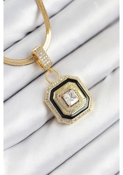 316L Çelik Zirkon Taşlı Siyah Detaylı Baget Model Gold Renk Kadın Kolye - TJ-BKO10529