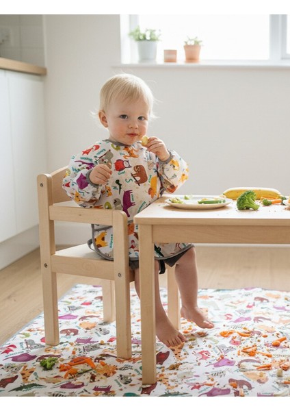 3-5 Yaş Zoo Bağcıklı Sıvı Geçirmez Makinede Yıkanabilir Uzun Kollu Boyundan Bağlamalı Bebek Mama Önlüğü