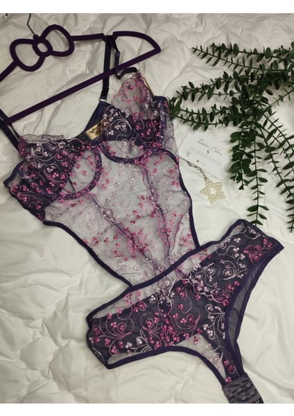 Mürdüm Balenli Desteksiz Transparan Işlemeli Brode Bodysuit