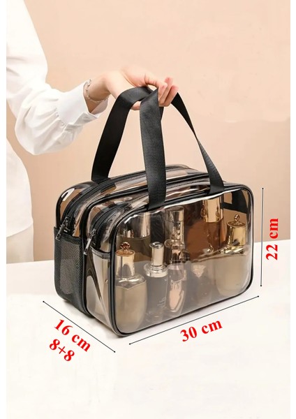 Ecoform Şeffaf Çift Bölmeli Seyahat Kozmetik Makyaj Çantası (30*22*16 cm Ebatlarında) fiyatları