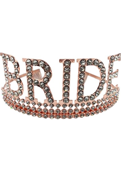 Taç Bride Metal Taşlı Lüks Gelin Taçı Rose Gold Üstten Geçirmeli