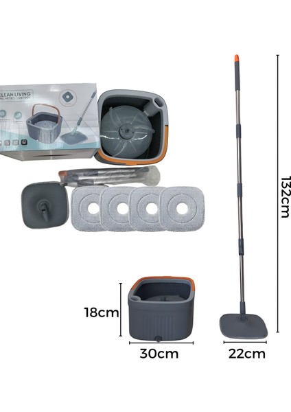 Temiz Suyu ile Kirli Suyu Ayıran Mop+ 4 Mikrofiber Bez (360° Dönebilen Başlık, Kolay Sıkma)