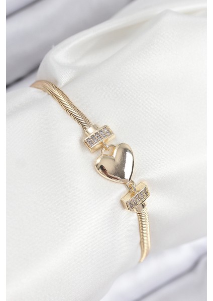 Pirinç Zirkon Taşlı Kalp Model Gold Renk Kadın Bileklik