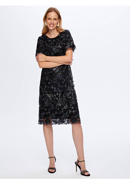 Boncuk ve Payet Işli Çiçek Desenli Kısa Kollu Abiye Elbise W26ABY008 fiyatları