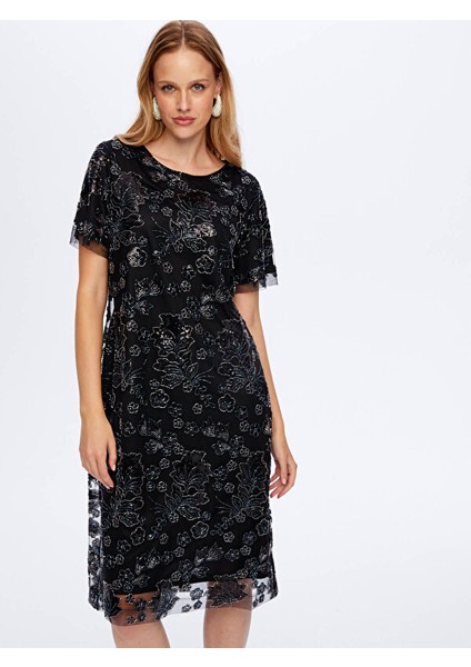 Boncuk ve Payet Işli Çiçek Desenli Kısa Kollu Abiye Elbise W26ABY008 modelleri