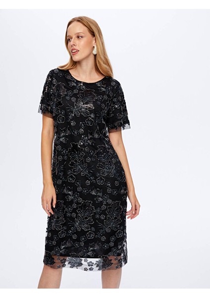 Boncuk ve Payet Işli Çiçek Desenli Kısa Kollu Abiye Elbise W26ABY008 fırsatları