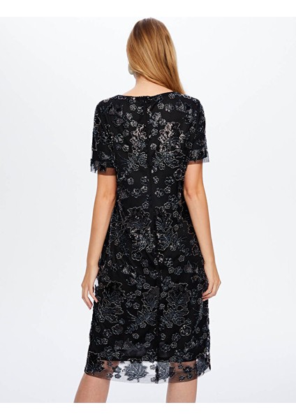 Boncuk ve Payet Işli Çiçek Desenli Kısa Kollu Abiye Elbise W26ABY008