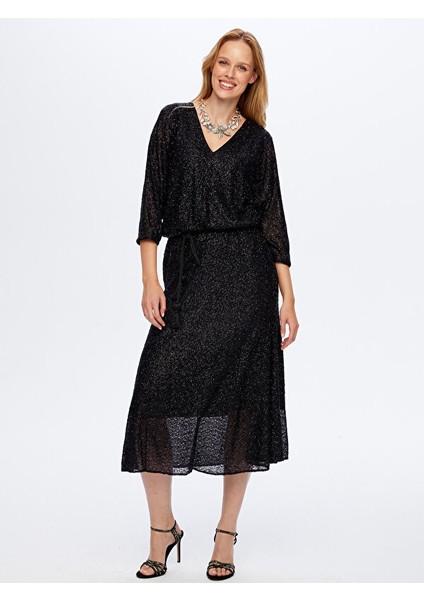 Beli Kemerli Payet Işi V Yaka Uzun Abiye Elbise W26ABY006