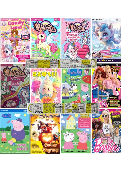 Peppa Pig+Barbia+Unicorn+Kawaii Dergileri Hediyeli 12'li Set + Mat. Öğreten Cetvel