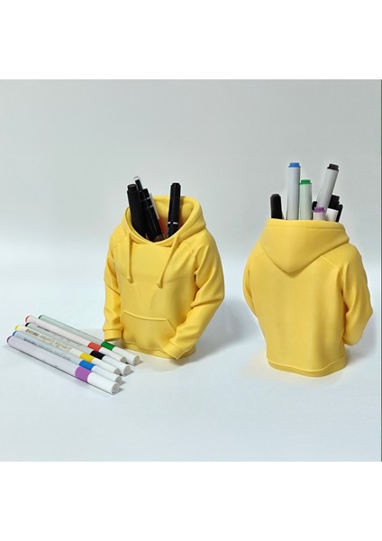 Kapüşonlu Sweat Tasarımlı Sarı Kalemlik | 3D Baskı Masaüstü Kalem Düzenleyici 10,6x9,4x6,5 cm