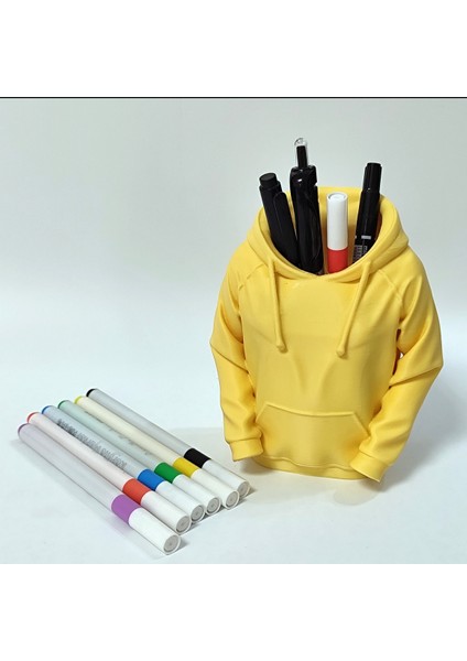 Kapüşonlu Sweat Tasarımlı Sarı Kalemlik | 3D Baskı Masaüstü Kalem Düzenleyici 10,6x9,4x6,5 cm fırsatları