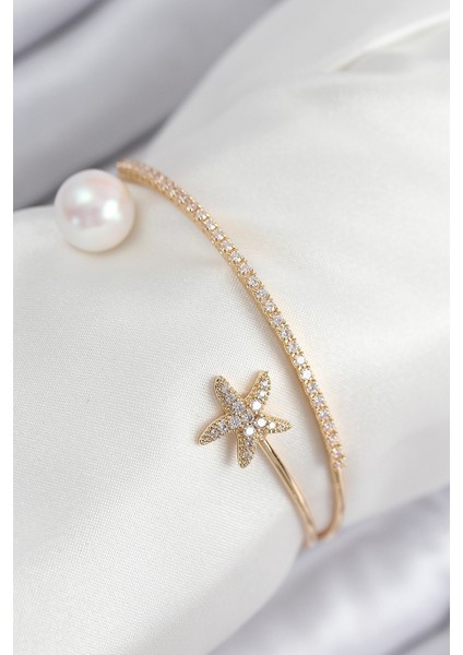 Pirinç Zirkon Taşlı Yıldız ve Inci Model Gold Renk Kadın Bileklik