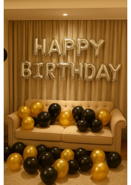 Happy Birthday Folyo Set Gold Gümüş Balon Parti Doğum Günü Süsleme Seti