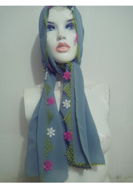 El Emeği Iğne Oyalı Namaz Örtüsü Çeyizlik Mevlit Başörtüsü Krep Kumaş 145X75 cm