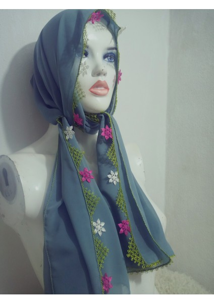 El Emeği Iğne Oyalı Namaz Örtüsü Çeyizlik Mevlit Başörtüsü Krep Kumaş 145X75 cm