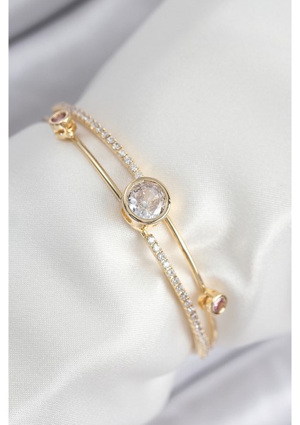 Pirinç Zirkon Taşlı Pırlanta Model Gold Renk Kadın Bileklik - TJ-BB7879