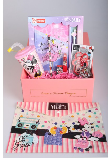 Dekomus Özel Kutulu Lisanslı Mınnıe Mouse Pipetli Bardak,kutulu Ajanda Jel Kalemli,ruj Silgi,çıtçıt Dosya,silgili Kurşun Kalem,yıldız Kalemtraş Seti