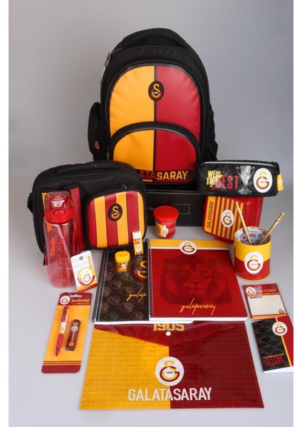 Yeni Sezon Lisanslı Galatasaray Çubuklu Full Kırtasiye Okul Seti 3 Bölmeli Okul,kalem ve Beslenme ÇANTASI,700 ml Matara,beslenme Kabı Seti