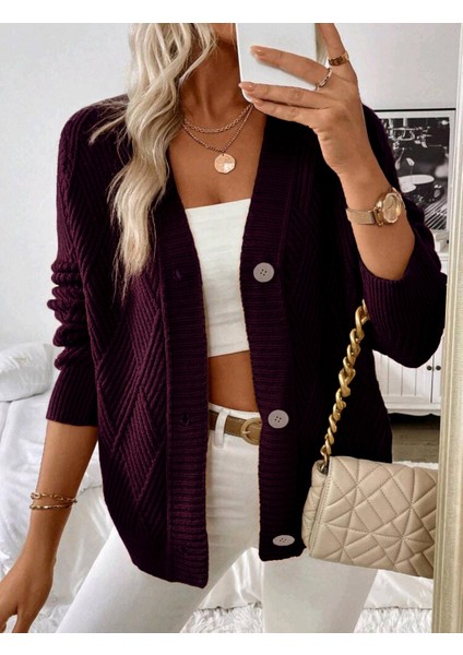 Baklava Desenli Düğmeli Model Dokuma Detaylı Uzun Kollu Triko Hırka