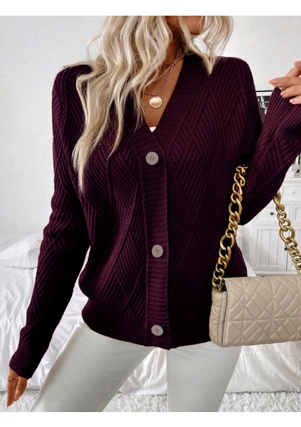 Baklava Desenli Düğmeli Model Dokuma Detaylı Uzun Kollu Triko Hırka