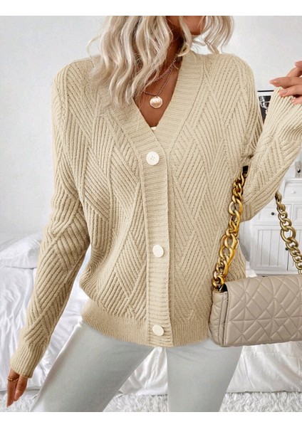 Baklava Desenli Düğmeli Model Dokuma Detaylı Uzun Kollu Triko Hırka