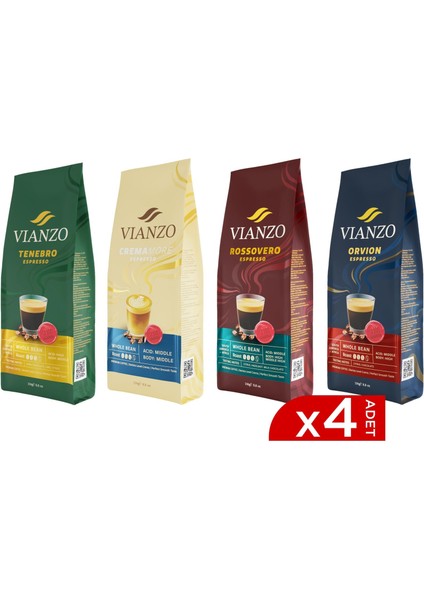 Espresso Çekirdek Kahve Tanışma Paketi, Arabica 4X250 G