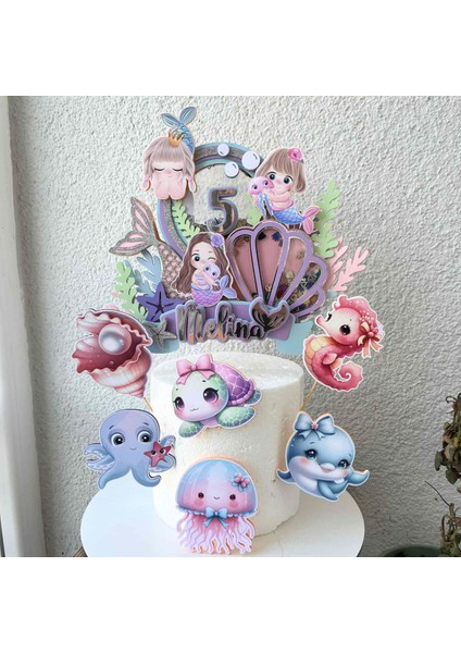 Deniz Kızı Temalı Kız Çocuk Doğum Günü Isme Özel 3D Pasta Parti Cupcake Süsü Seti (26X21CM)