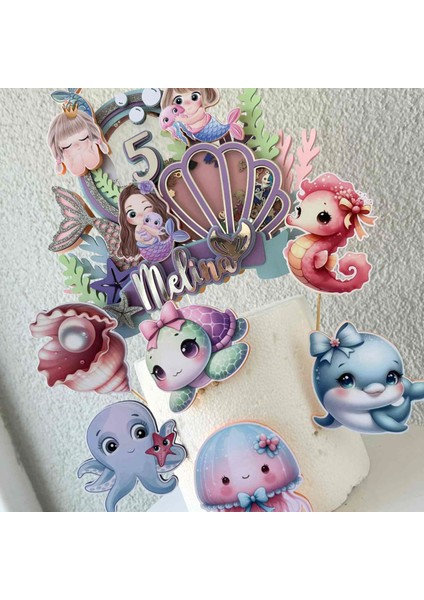 Deniz Kızı Temalı Kız Çocuk Doğum Günü Isme Özel 3D Pasta Parti Cupcake Süsü Seti (26X21CM) modelleri