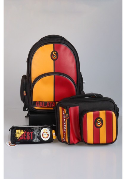 "dekomus Cep Defteri Hediyeli" Yeni Sezon Lisanslı Galatasaray Çubuklu Okul Çantası,3 Bölmeli Beslenme ve Kalem Çantası Seti