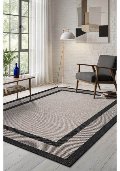 Sisal Plus Siyah Bordürlü Halı Bej Bordürlü Sisal Kilim