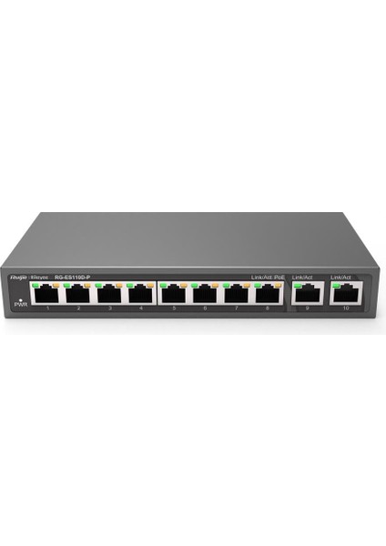 Ruijie-Reyee RG-ES110D-P 8 Port Poe+ 10-100 Mbps 2 Port 10-100-1000 Mbps Uplink Switch Çelik Kasa